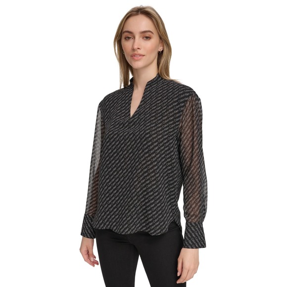 Calvin Klein Blouse Womens L‎ Black Chiffon Long Sleeve Logo V-Neck Trendy Sheer - Picture 1 of 12